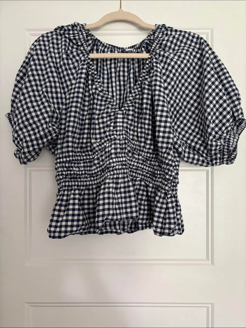 Old Navy Navy and White Gingham Smocked Peplum Blouse
